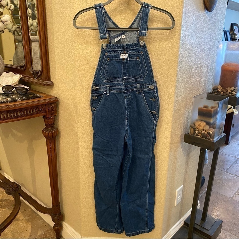 Vintage CALVIN KLEIN Kids Girls Blue Carpenter Cargo Jean Overalls Size Medium